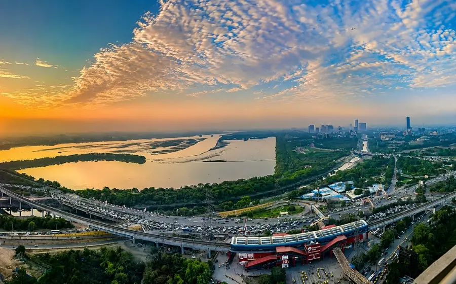 Yamuna River panoramic view from balcony of Mulberry Homes service apartment at Supernova Spira Noida