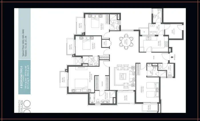4BHK floor plan of Commonwealth Games Village Delhi — luxurious apartment layout with large balconies and modular kitchen