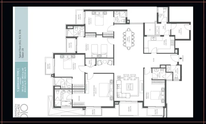 5BHK luxury apartment floor plan at Commonwealth Games Village Delhi — ultra-spacious layout with private terrace and servant room