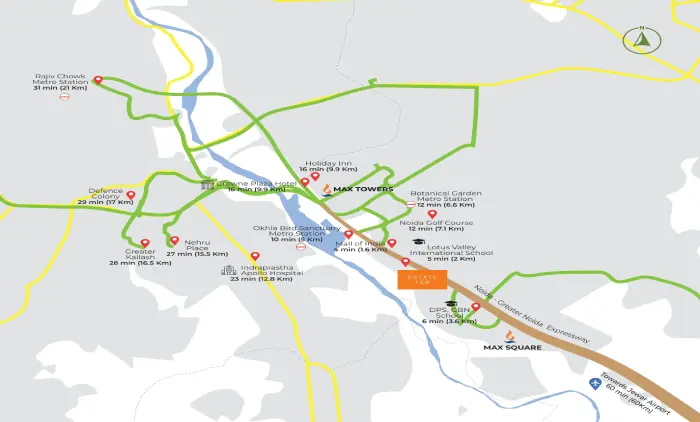 Max Estate 128 location map highlighting connectivity to Noida Expressway.