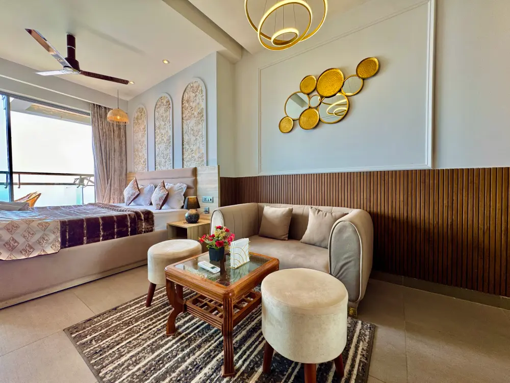 Eleve 31 dining area with solid wood table, cane chairs and pendant light