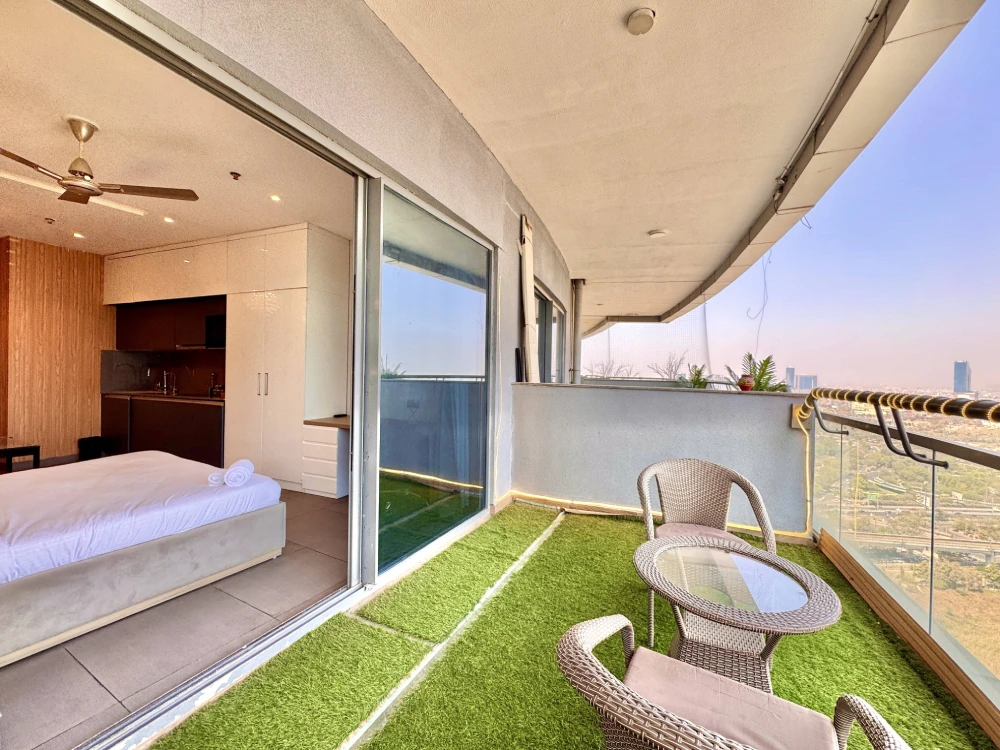 Skyline Stay 23 modern living room interior, Supernova 94 Noida night view apartment